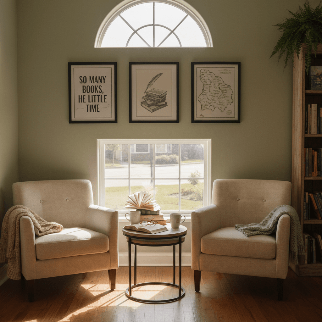 Cozy reading nook in The Book Barn
