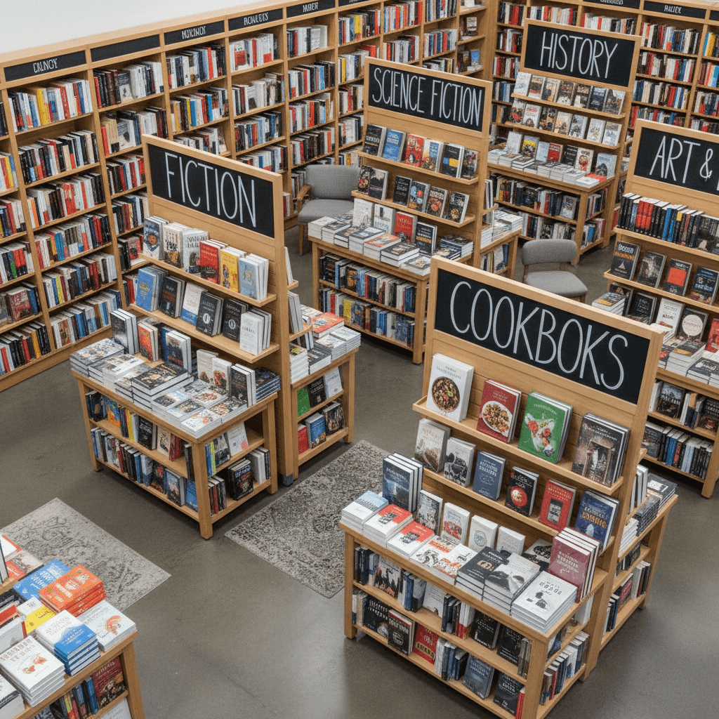 Diverse genres organized on shelves