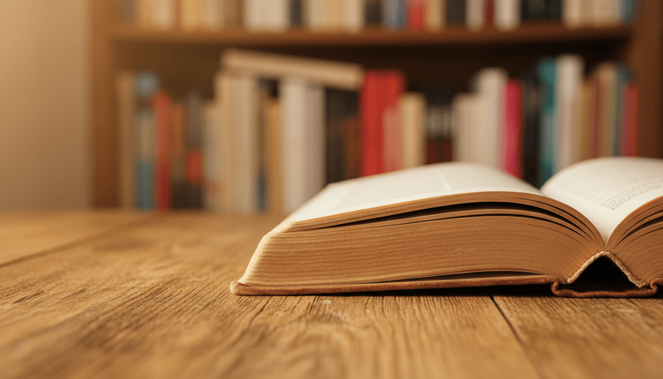 Open book resting on a wooden table with warm natural light and bookshelf in soft focus