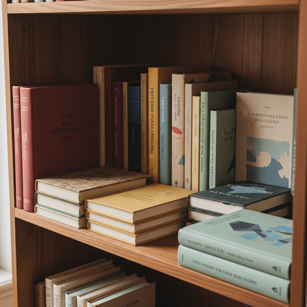 Curated books on wooden shelf
