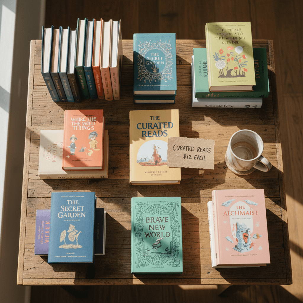 Curated book display on wooden table