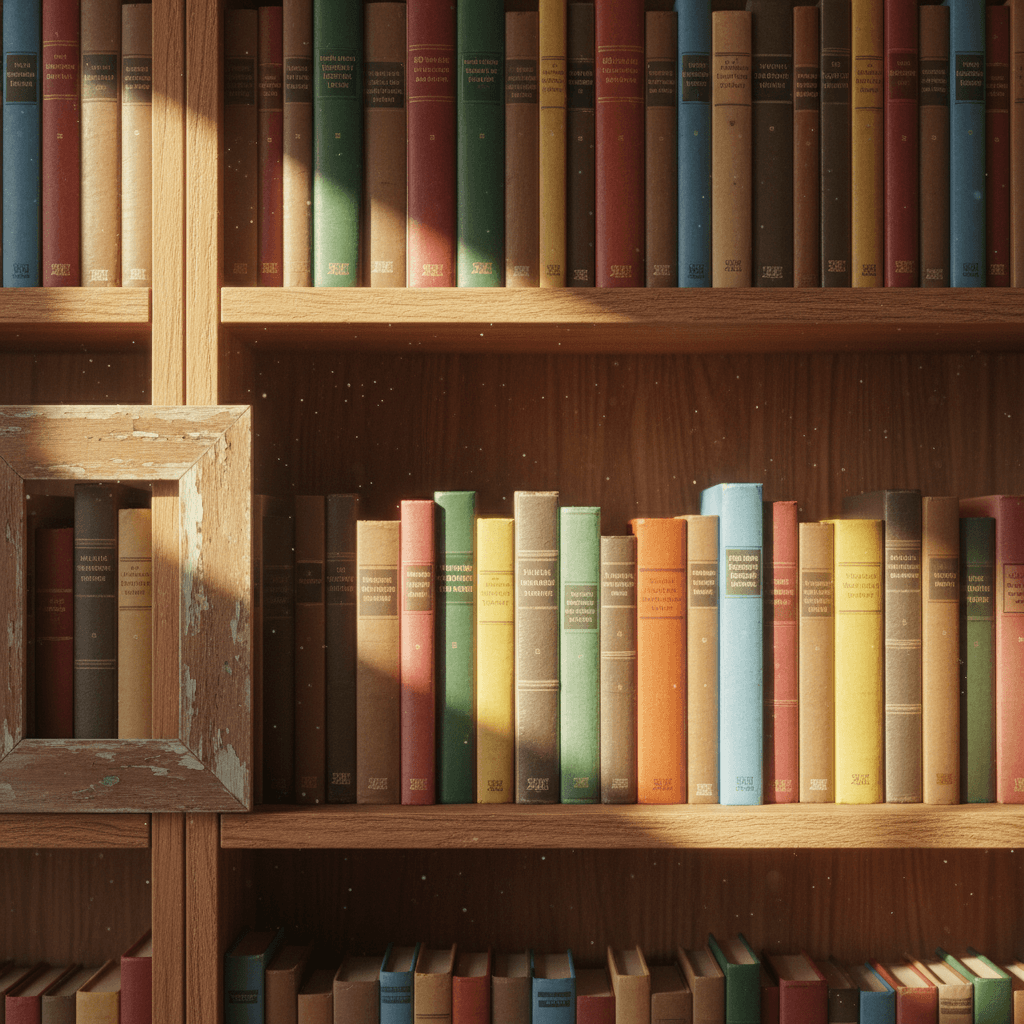 Colorful book spines on wooden shelves
