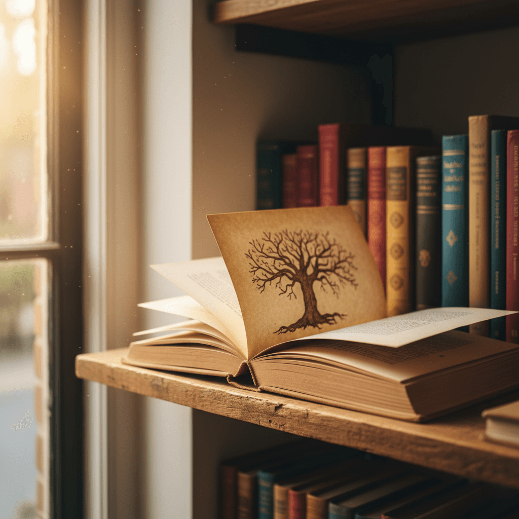 Open book on a warm wooden shelf at The Book Barn