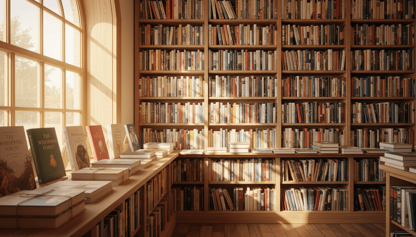 Sunlit bookshelf displaying a diverse selection of fiction, non-fiction, and children's books at The Book Barn