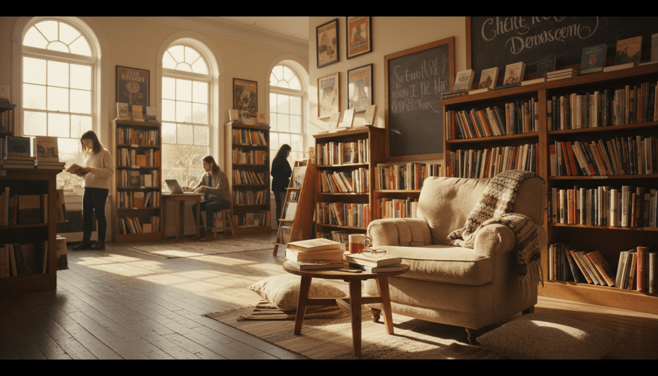Cozy interior of The Book Barn bookstore with comfortable reading areas and shelves of books