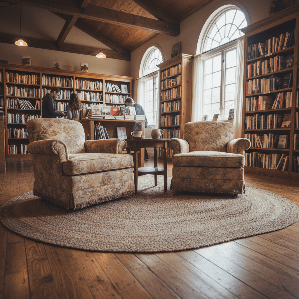 Cozy reading area with armchairs and shelves