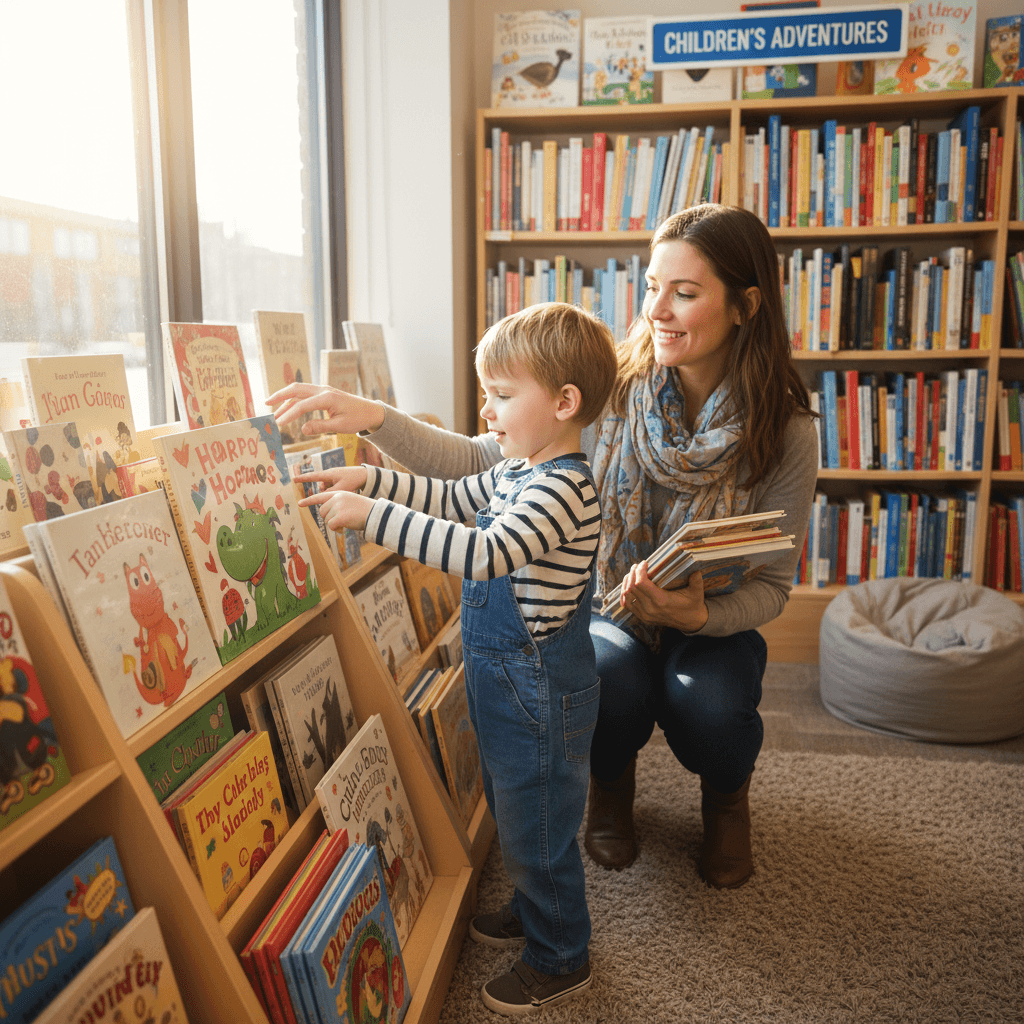 Adult and child browsing children's books together
