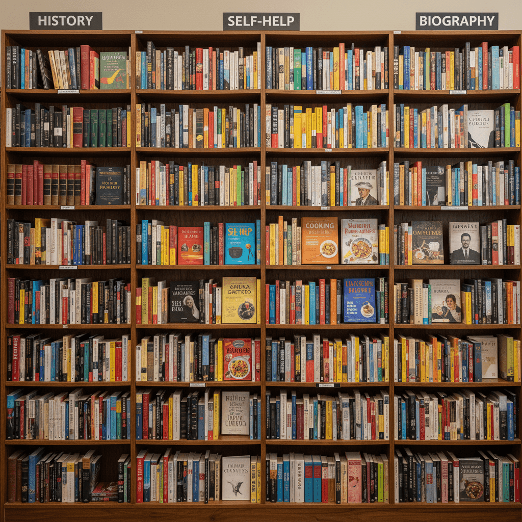 Non-fiction shelves with diverse topic selections