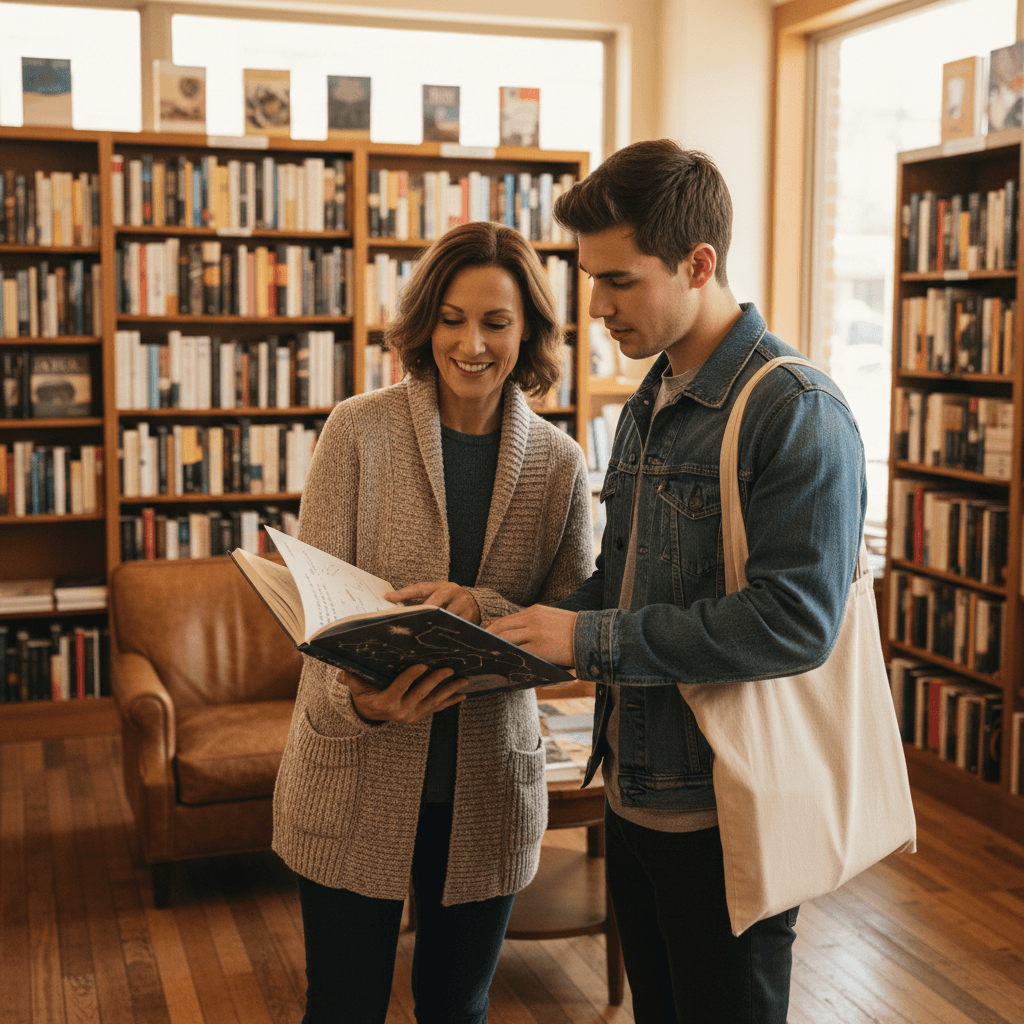 Staff member recommending books to customer