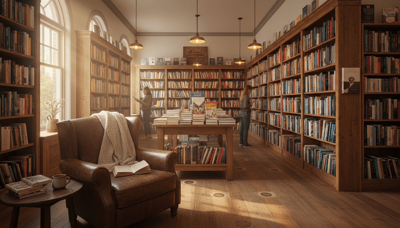 Cozy independent bookstore interior with wooden shelves, comfortable seating, and warm natural light in Fillmore