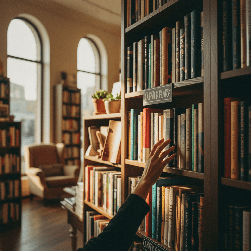 Curated book collection on wooden shelves