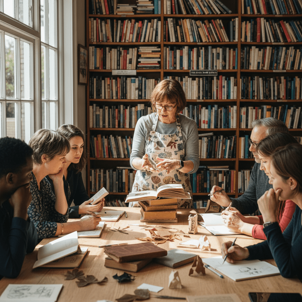 Workshop session with active participants at The Book Barn