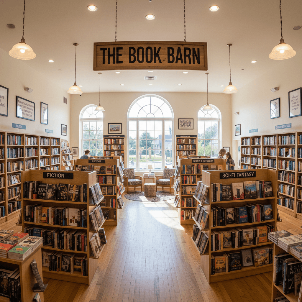 Wide view of organized bookstore layout
