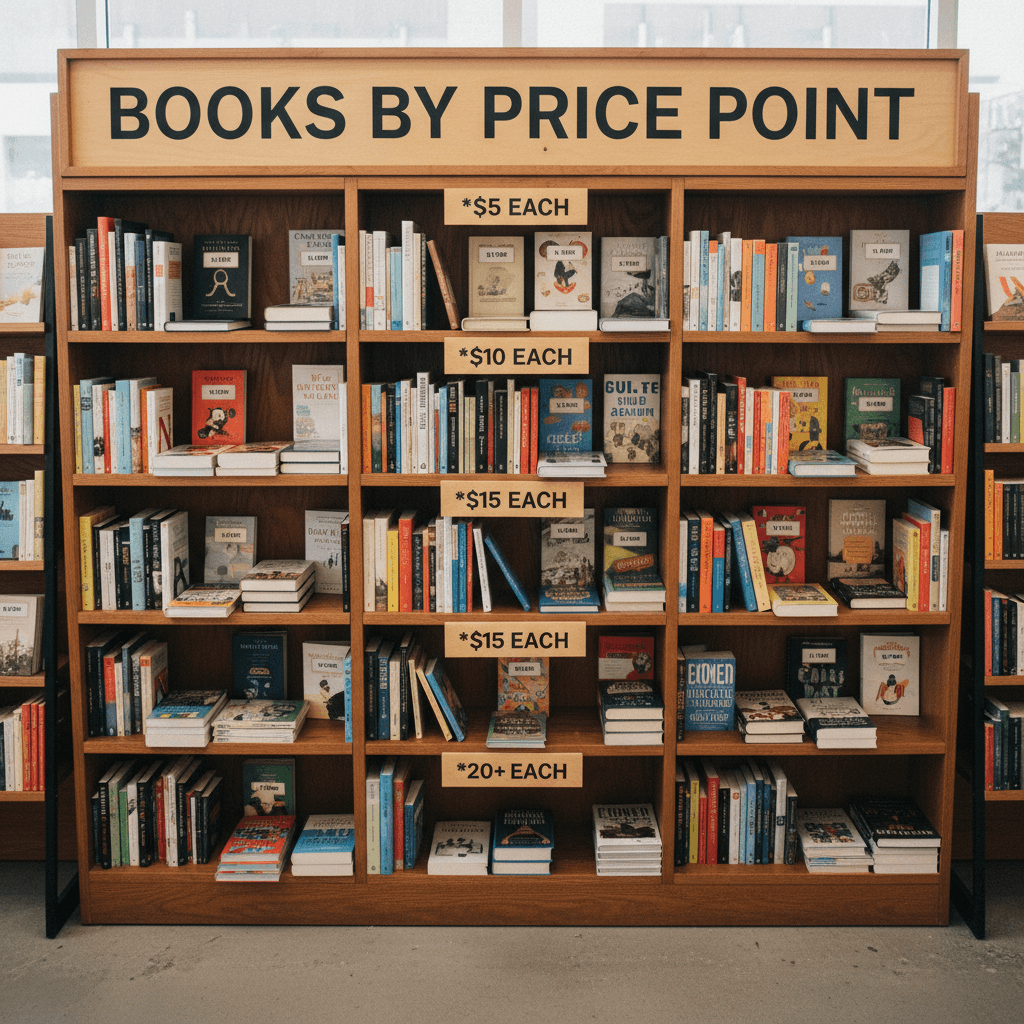 Affordably priced books displayed on shelves