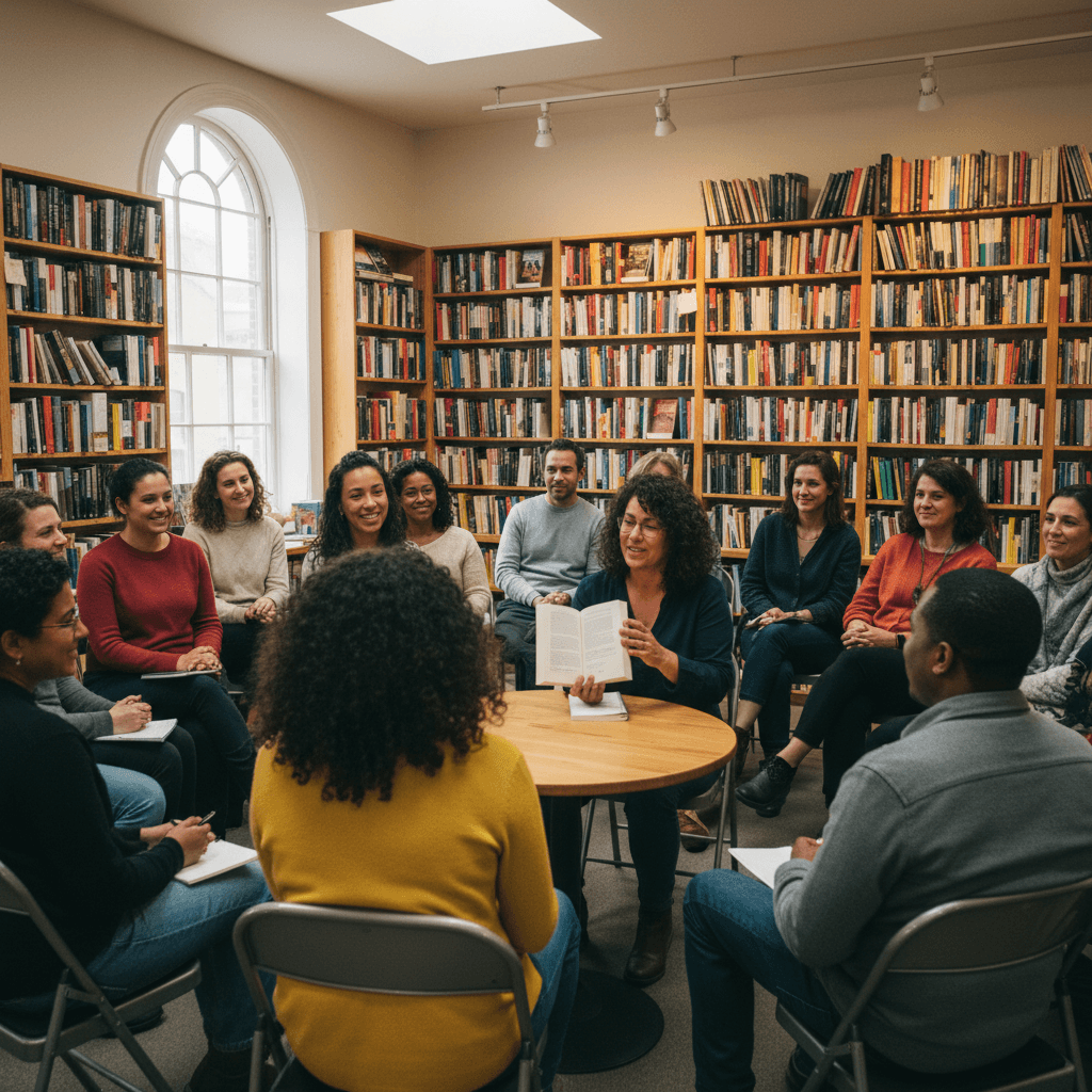 Author event with audience members gathered