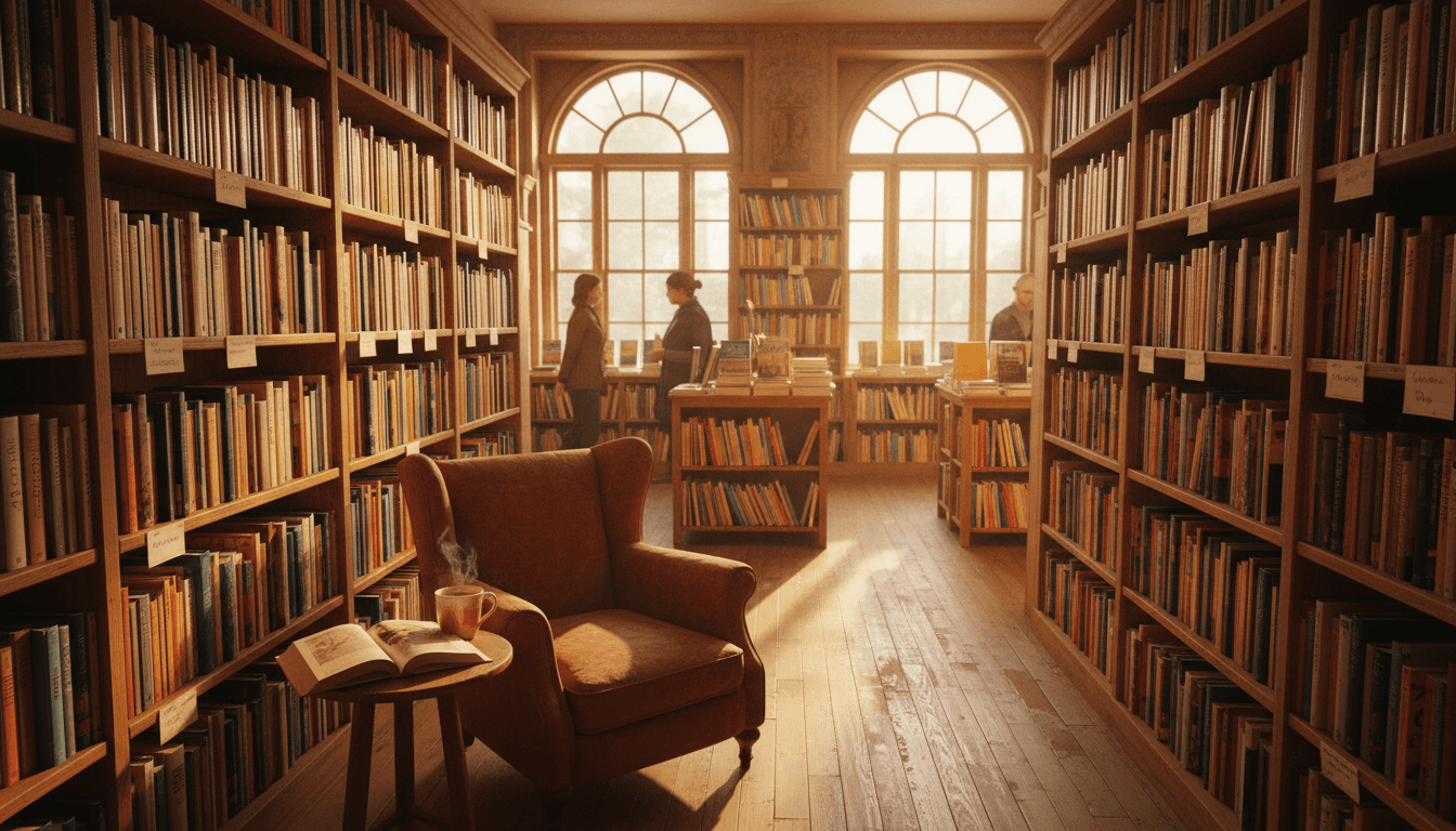Cozy bookstore interior with comfortable seating and wooden shelves filled with books